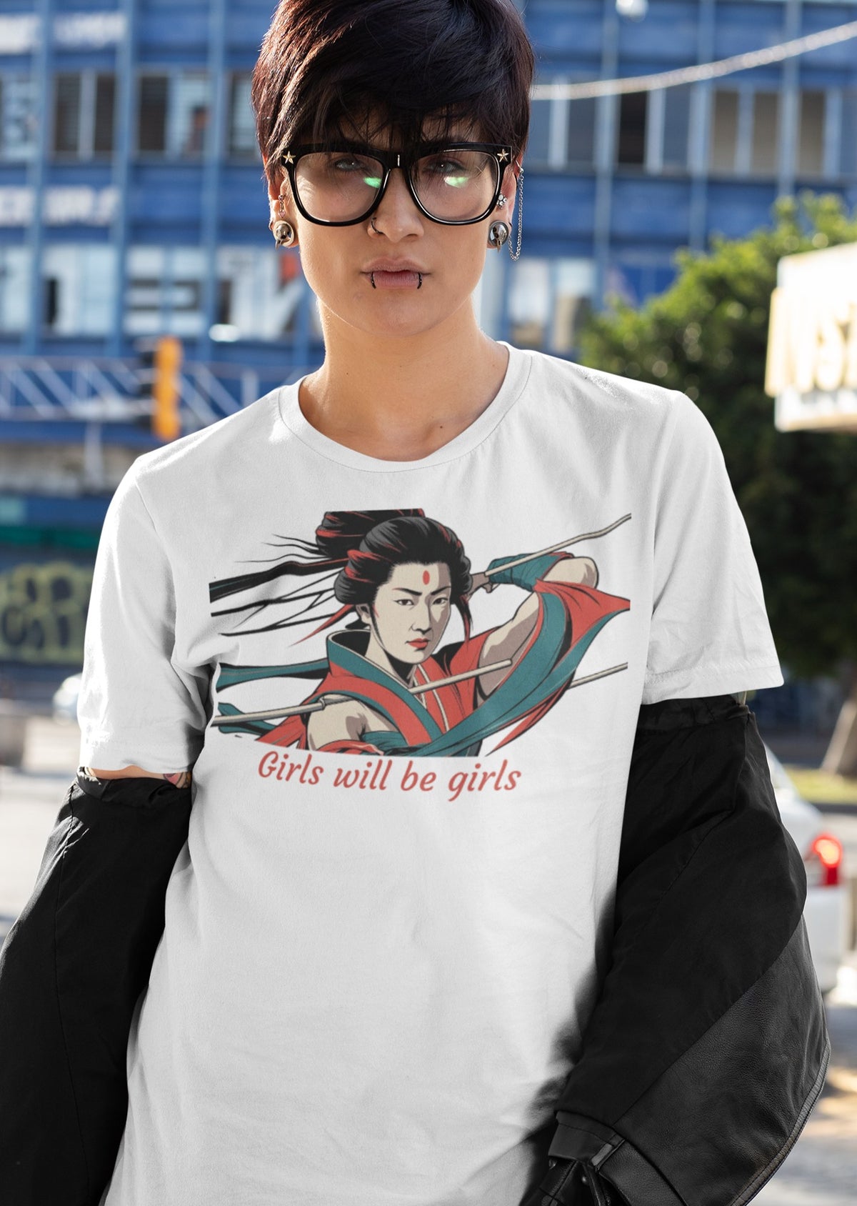 Tomoe Gozen samurai warrior tee worn by model